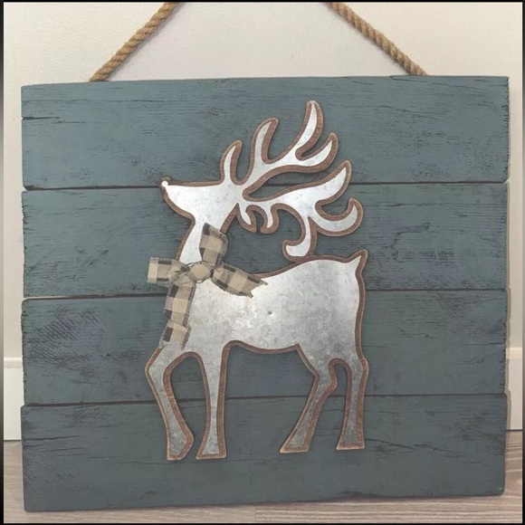Handmade Rustic Reindeer Wood Wall Decor with Silver and Gray Accents - Picture 1 of 6
